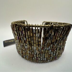 Cookie Lee Glass Bead Cuff Bracelet Wide Statement Bronze Gold Tone Boho Glam